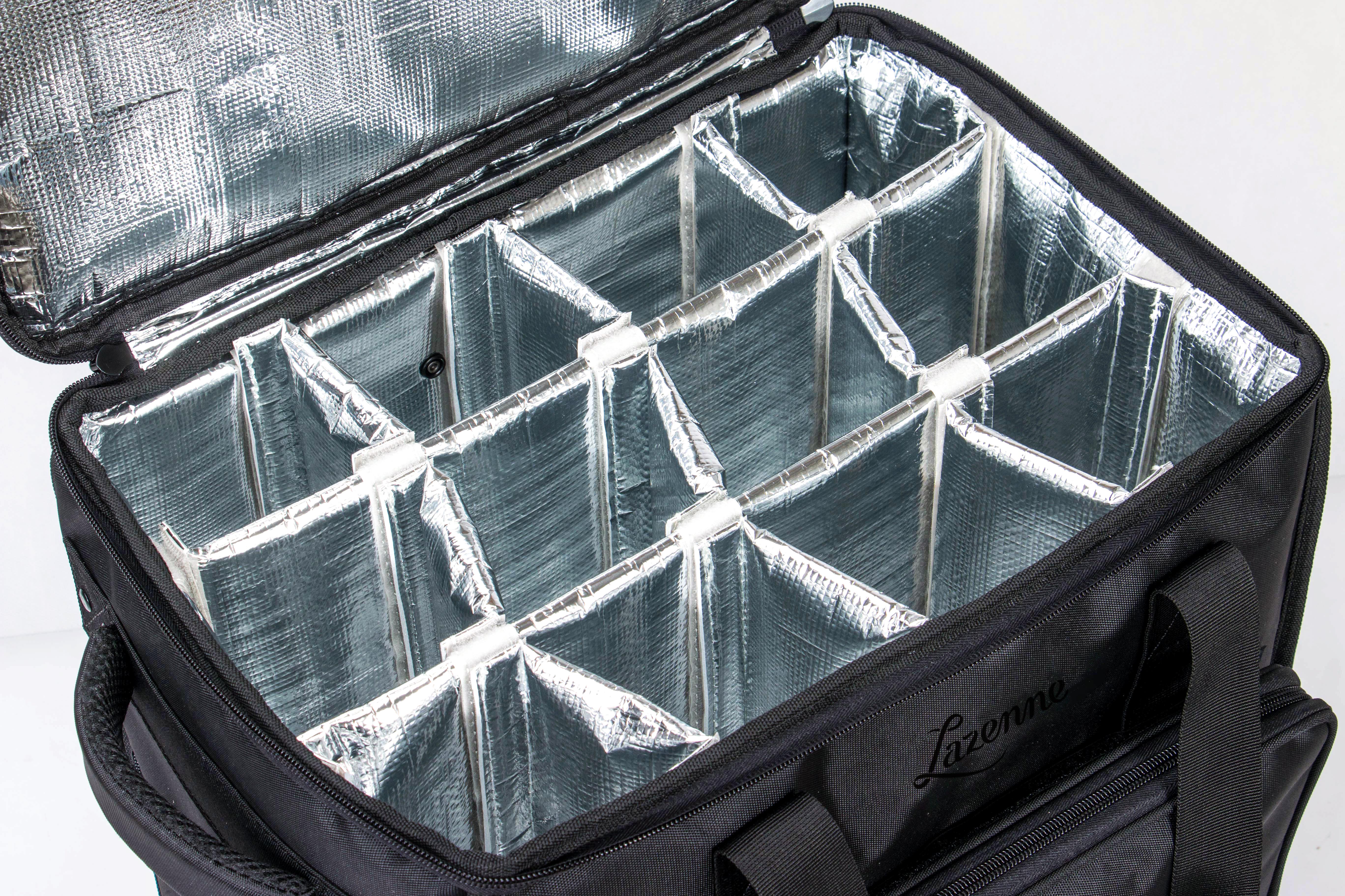 ULTIMATE PROFESSIONAL WINE COOLER LAZENNE ELITE PRO - Carrier 12-bottles with Individual Insulated and Removable Dividers 4 wheels and Breaks
