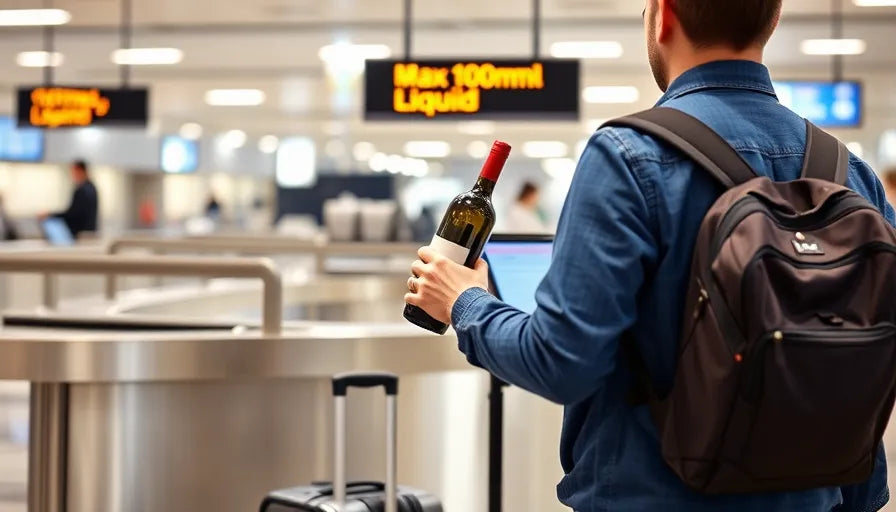 Traveler holding a wine bottle at airport check-in